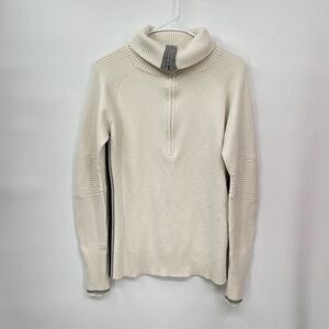 Athleta Skiline Wool Blend Cream‎ & Gray Ribbed Knit Quarter Zip Sweater Sweater